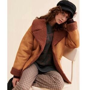 NEW Free People Diogo Toasted Almond Brown Sherpa Faux Suede Relaxed Fit Coat